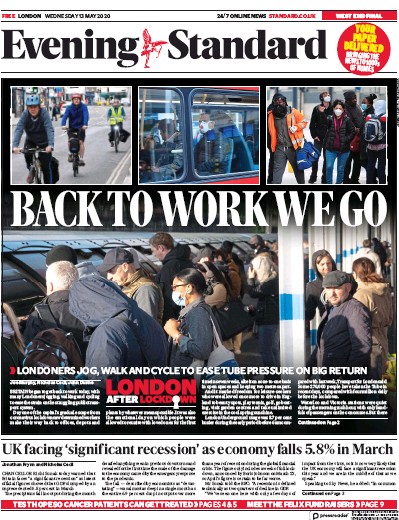 London Evening Standard Newspaper Front Page for 14 May 2020