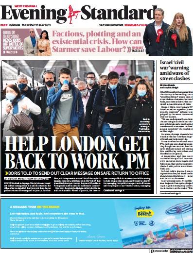 London Evening Standard (UK) Newspaper Front Page for 14 May 2021