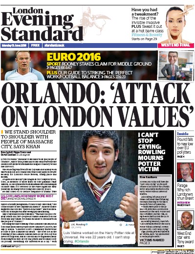 London Evening Standard Newspaper Front Page for 14 June 2016