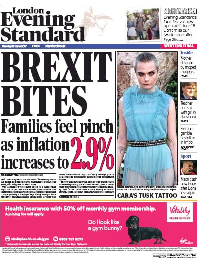 London Evening Standard Newspaper Front Page for 14 June 2017