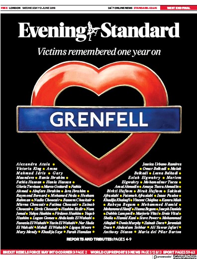 London Evening Standard Newspaper Front Page for 14 June 2018
