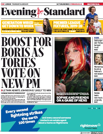 London Evening Standard Newspaper Front Page for 14 June 2019