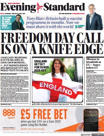 London Evening Standard (UK) Newspaper Front Page for 14 June 2021