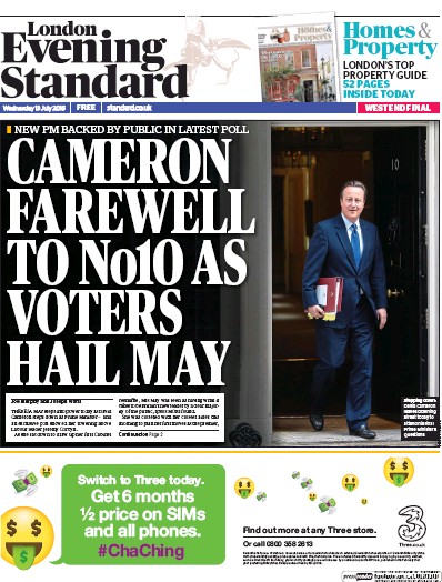 London Evening Standard (UK) Newspaper Front Page for 14 July 2016