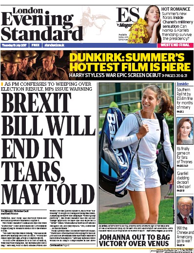 London Evening Standard (UK) Newspaper Front Page for 14 July 2017