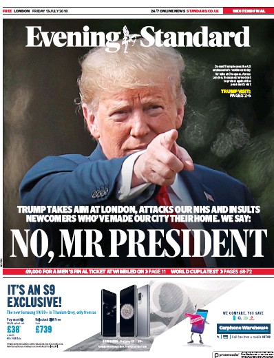 London Evening Standard Newspaper Front Page for 14 July 2018