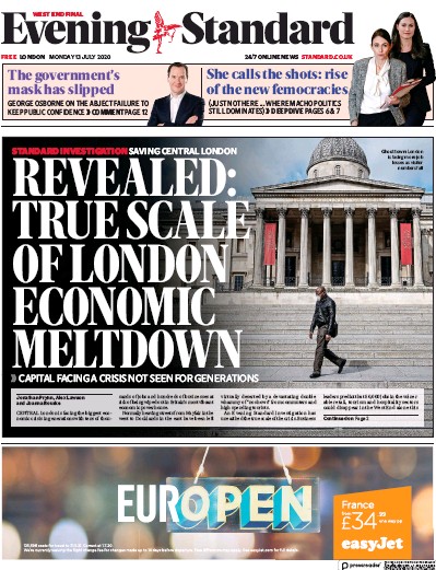 London Evening Standard Newspaper Front Page for 14 July 2020