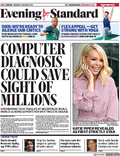 London Evening Standard Newspaper Front Page for 14 August 2018