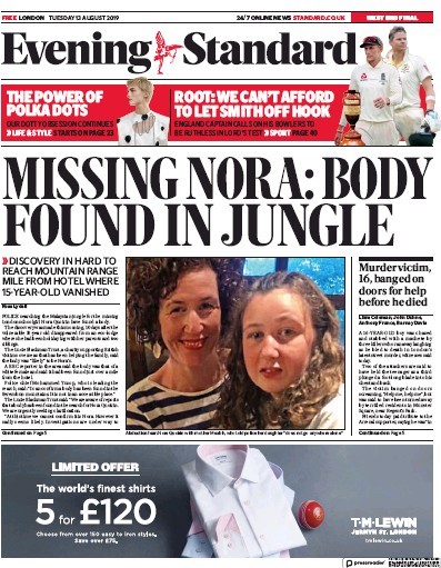 London Evening Standard Newspaper Front Page for 14 August 2019