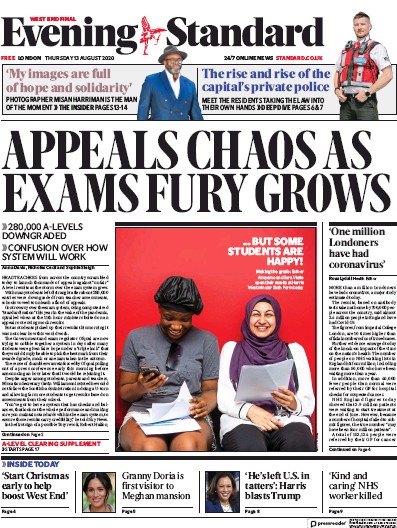 London Evening Standard Newspaper Front Page for 14 August 2020