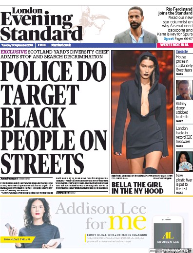 London Evening Standard (UK) Newspaper Front Page for 14 September 2016