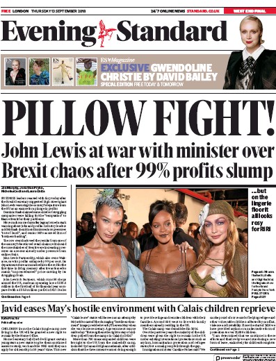 London Evening Standard Newspaper Front Page for 14 September 2018