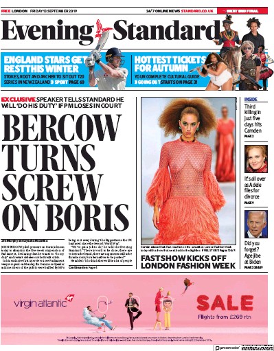 London Evening Standard Newspaper Front Page for 14 September 2019
