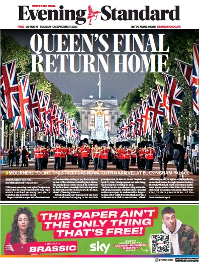 London Evening Standard (UK) Newspaper Front Page for 14 September 2022