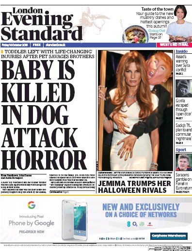 London Evening Standard Newspaper Front Page for 15 October 2016