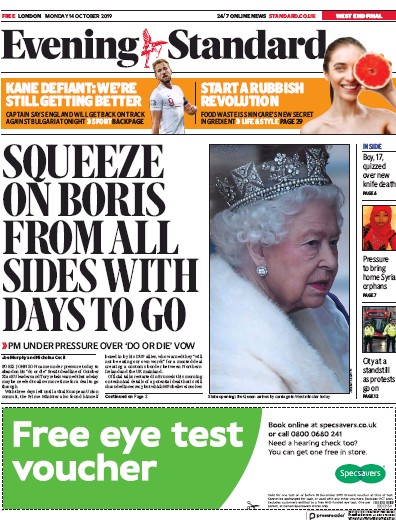London Evening Standard Newspaper Front Page for 15 October 2019