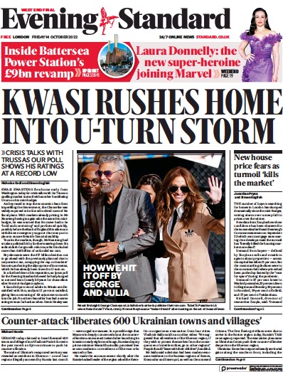 London Evening Standard Newspaper Front Page for 15 October 2022