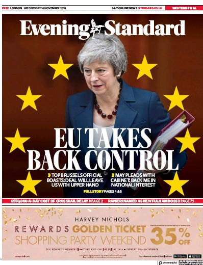 London Evening Standard Newspaper Front Page for 15 November 2018