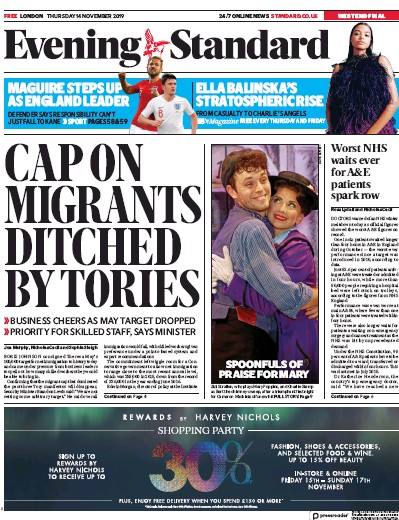 London Evening Standard Newspaper Front Page for 15 November 2019