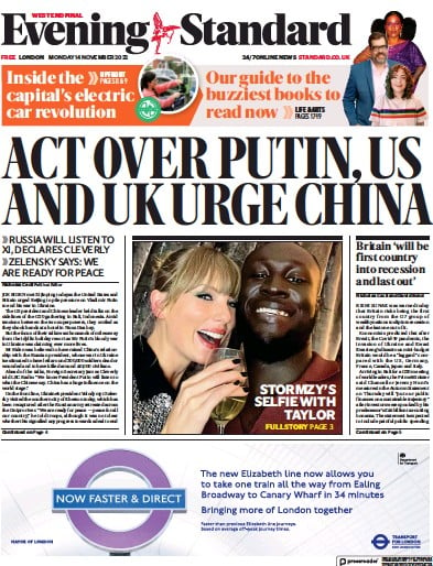 London Evening Standard (UK) Newspaper Front Page for 15 November 2022