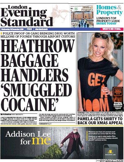 London Evening Standard Newspaper Front Page for 15 December 2016