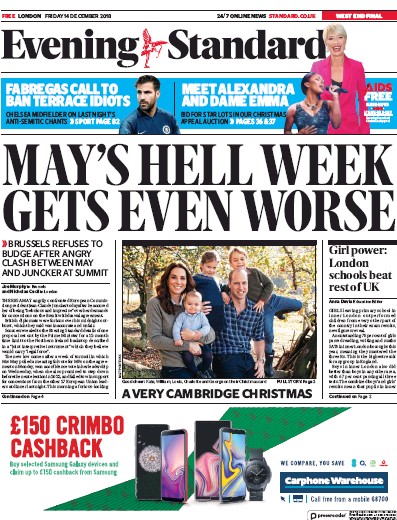 London Evening Standard Newspaper Front Page for 15 December 2018