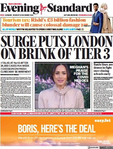 London Evening Standard Newspaper Front Page for 15 December 2020