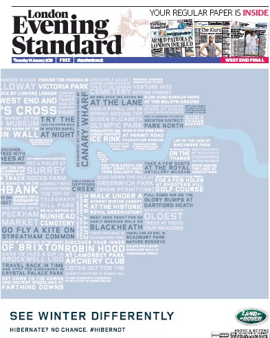 London Evening Standard Newspaper Front Page for 15 January 2016