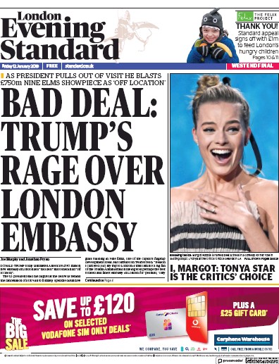 London Evening Standard Newspaper Front Page for 15 January 2018