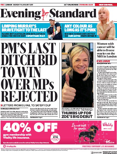 London Evening Standard Newspaper Front Page for 15 January 2019