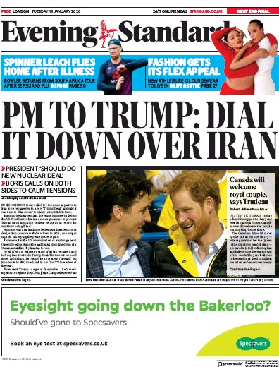 London Evening Standard Newspaper Front Page for 15 January 2020