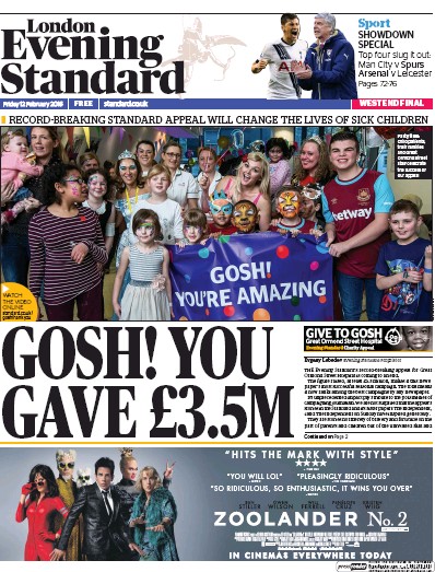London Evening Standard Newspaper Front Page for 15 February 2016