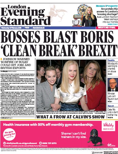 London Evening Standard Newspaper Front Page for 15 February 2018
