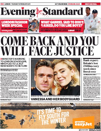 London Evening Standard (UK) Newspaper Front Page for 15 February 2019