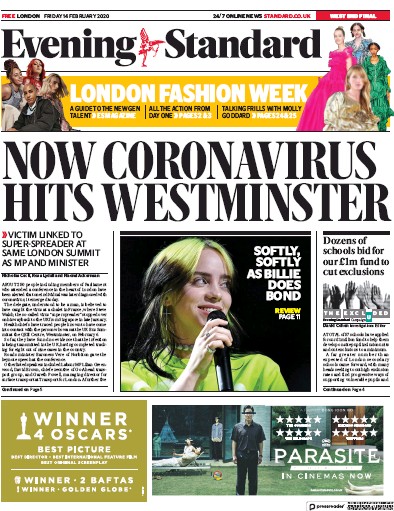 London Evening Standard Newspaper Front Page for 15 February 2020