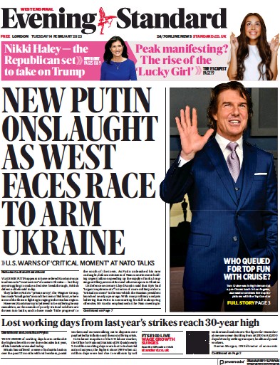 London Evening Standard (UK) Newspaper Front Page for 15 February 2023
