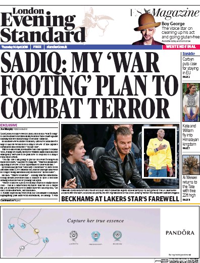 London Evening Standard Newspaper Front Page for 15 April 2016
