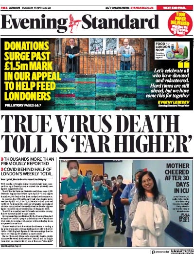 London Evening Standard Newspaper Front Page for 15 April 2020