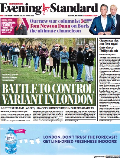 London Evening Standard (UK) Newspaper Front Page for 15 April 2021
