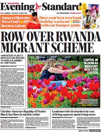 London Evening Standard Newspaper Front Page for 15 April 2022