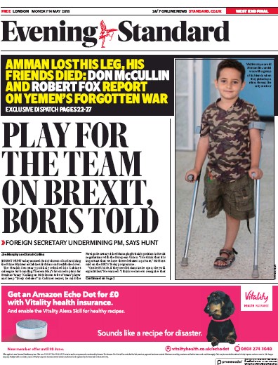 London Evening Standard (UK) Newspaper Front Page for 15 May 2018