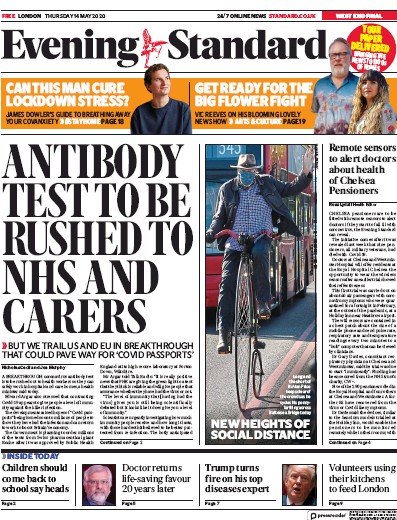 London Evening Standard Newspaper Front Page for 15 May 2020