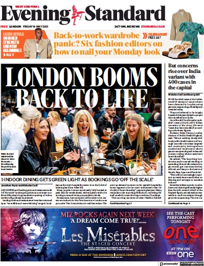 London Evening Standard Newspaper Front Page for 15 May 2021