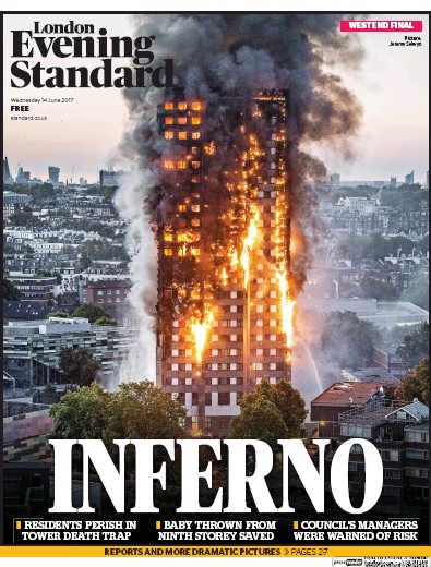 London Evening Standard Newspaper Front Page for 15 June 2017
