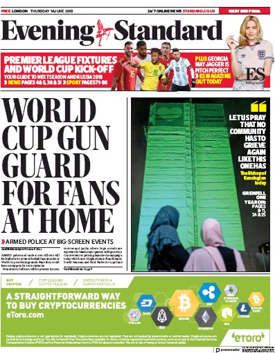 London Evening Standard Newspaper Front Page for 15 June 2018