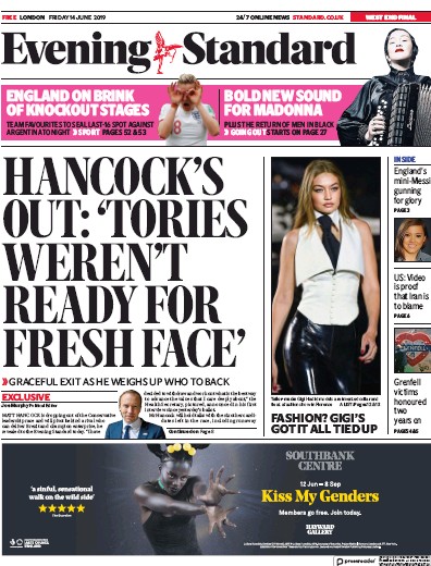 London Evening Standard Newspaper Front Page for 15 June 2019