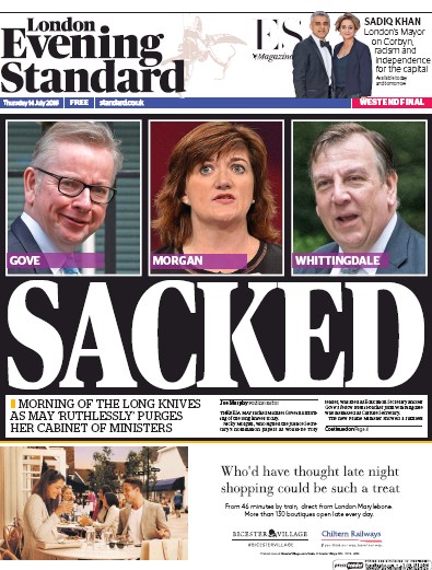 London Evening Standard Newspaper Front Page for 15 July 2016