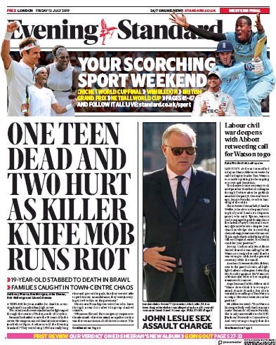 London Evening Standard Newspaper Front Page for 15 July 2019