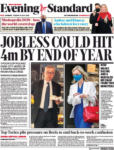 London Evening Standard Newspaper Front Page for 15 July 2020
