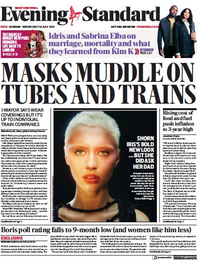 London Evening Standard (UK) Newspaper Front Page for 15 July 2021